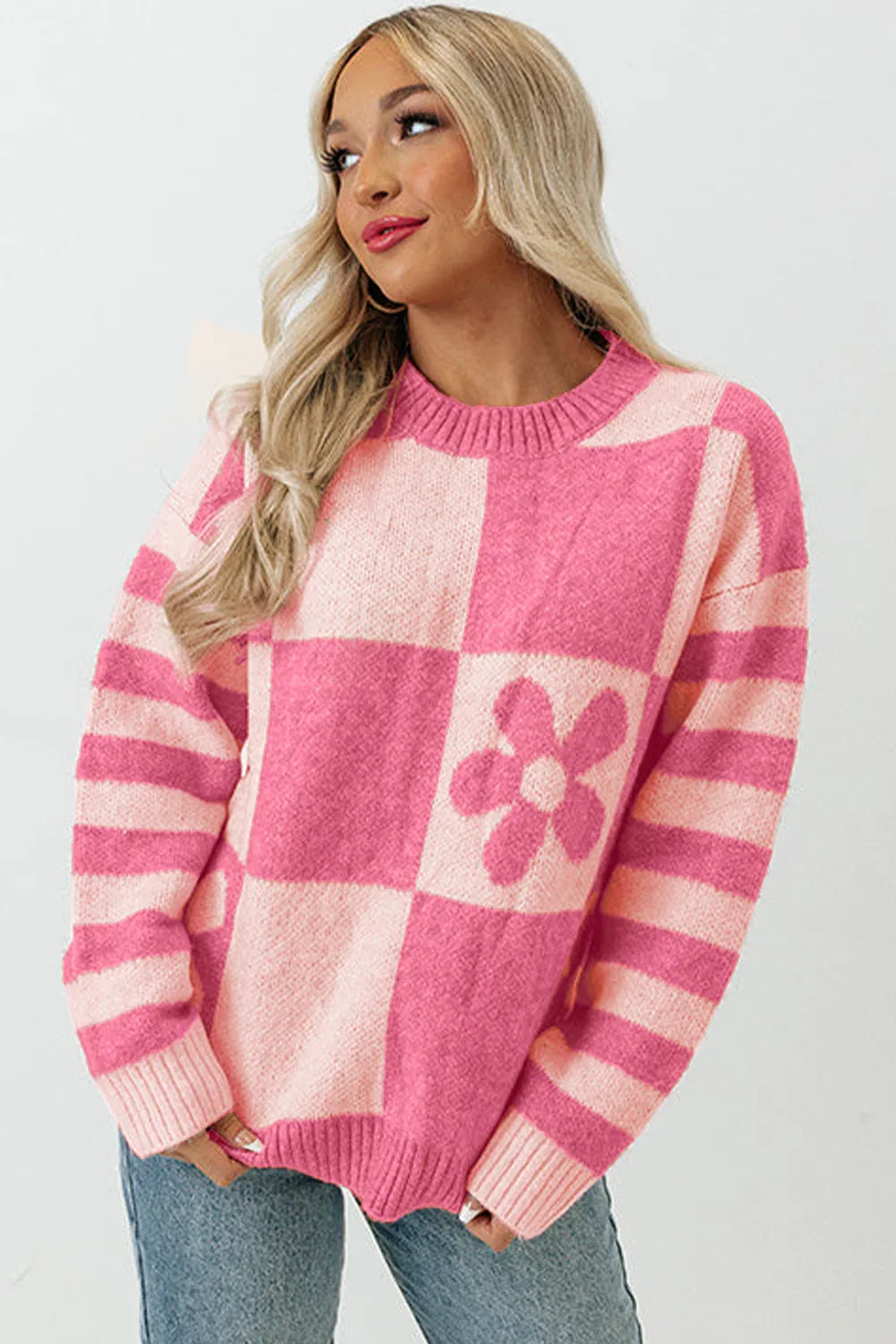 Checkered Floral Print Striped Sleeve Sweater Bazaare Mart Long Sleeve Pullover Sweater