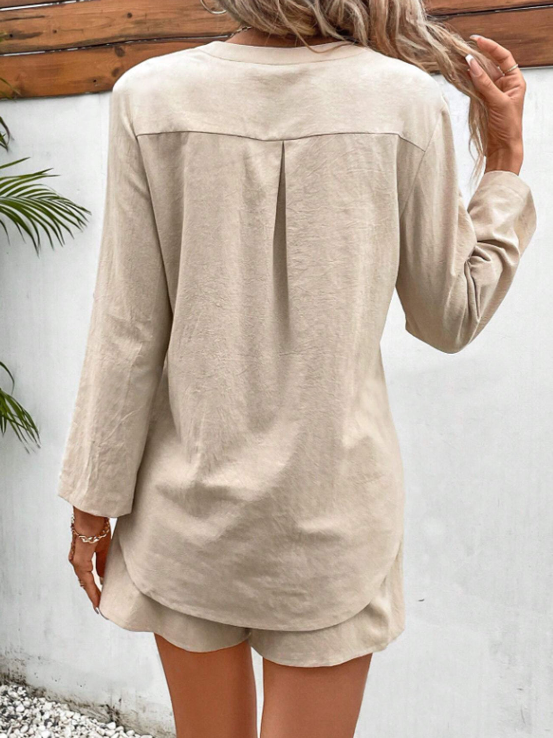 Rolled Long Sleeve Top and Drawstring Shorts Set