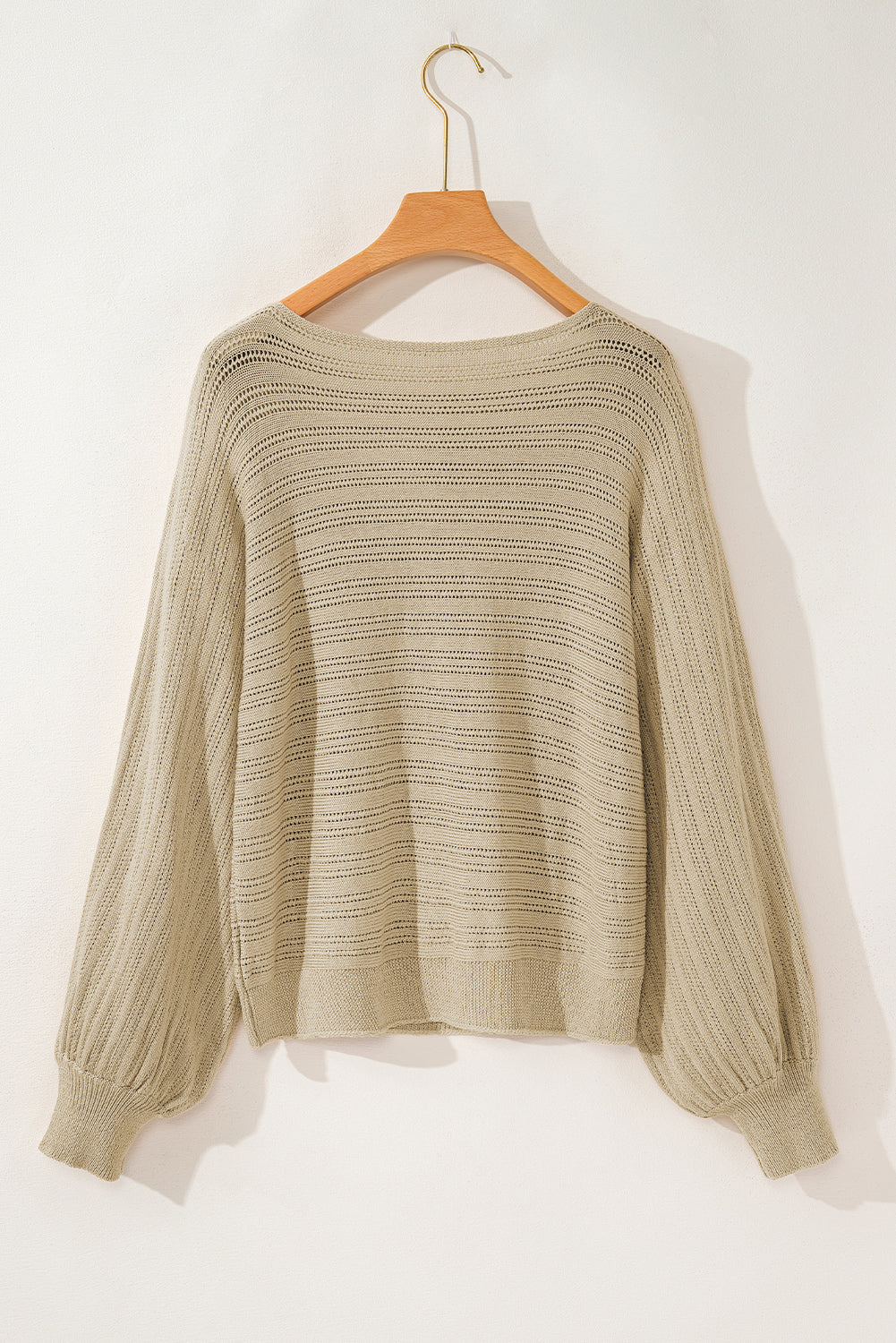 Apricot Lantern Sleeve Eyelets Textured Knit Sweater