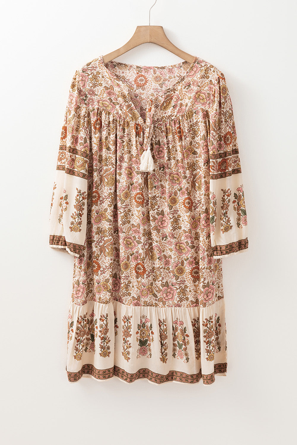 Beige Boho Loose Long Sleeve Mini Dress
