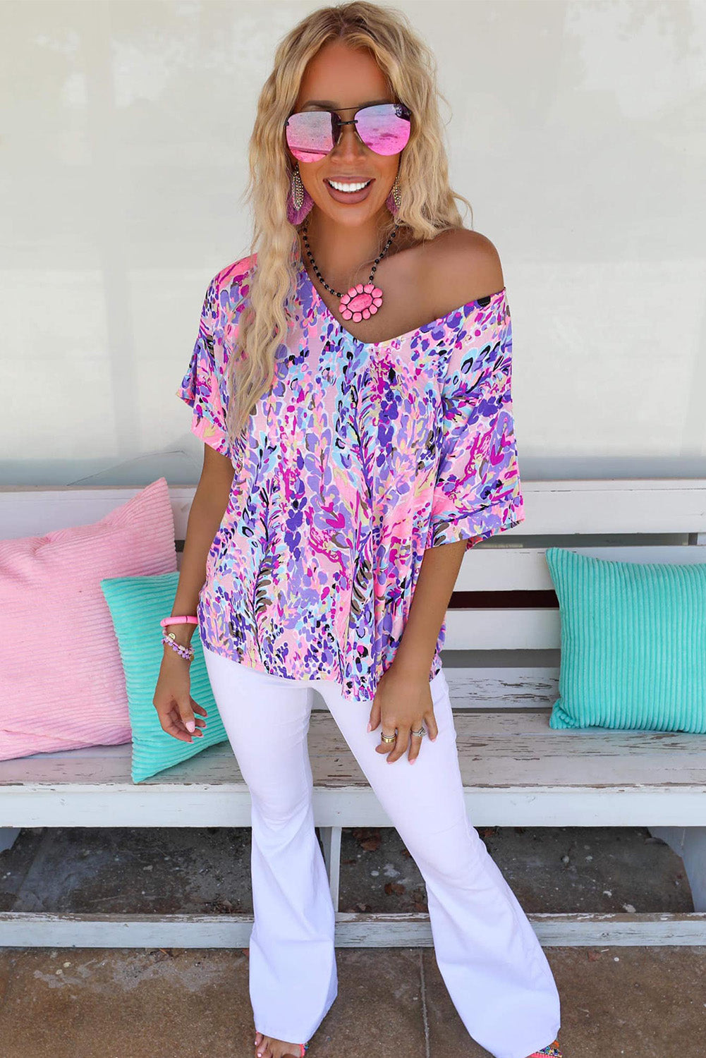 Multicolor Printed 3/4 Sleeve Split Neck Plus Size Tunic Top