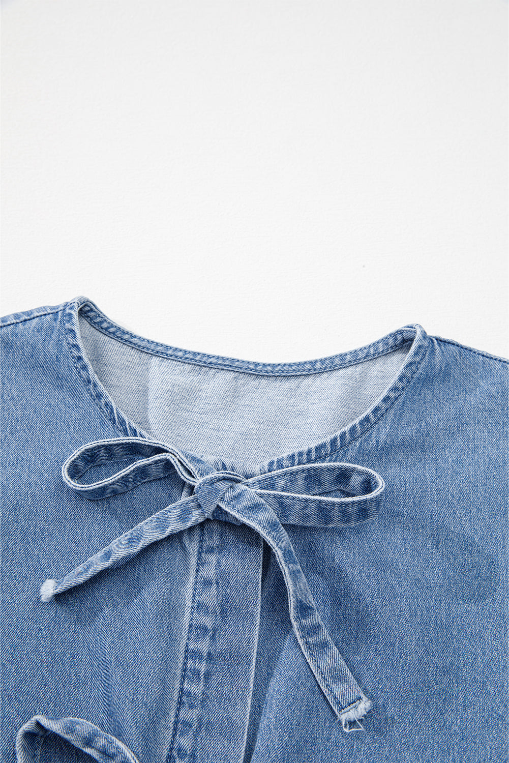 Blue Bow Front Bubble Sleeve Peplum Denim Shirt