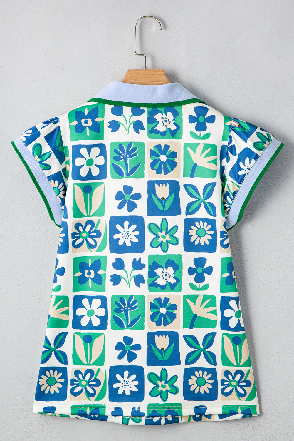 Green Floral Plaid Colorblock Flutter Sleeve Blouse Shewin Blouses