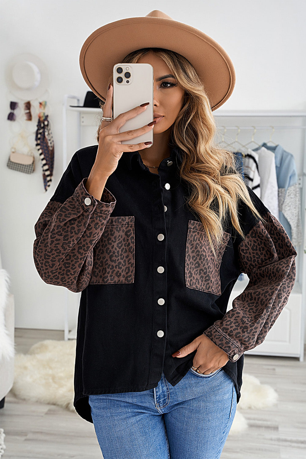 White Contrast Leopard Denim Jacket