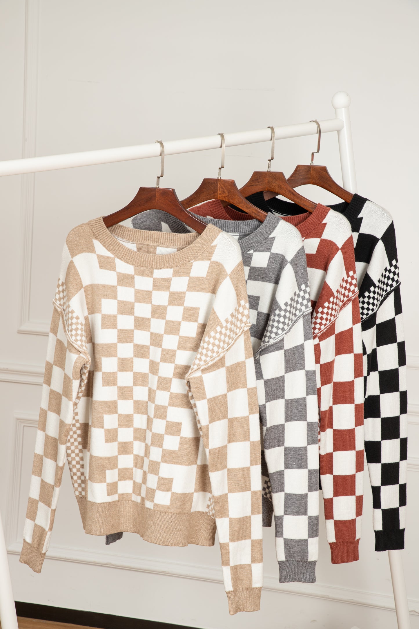 Brown Checkered Drop Shoulder Round Neck Sweater