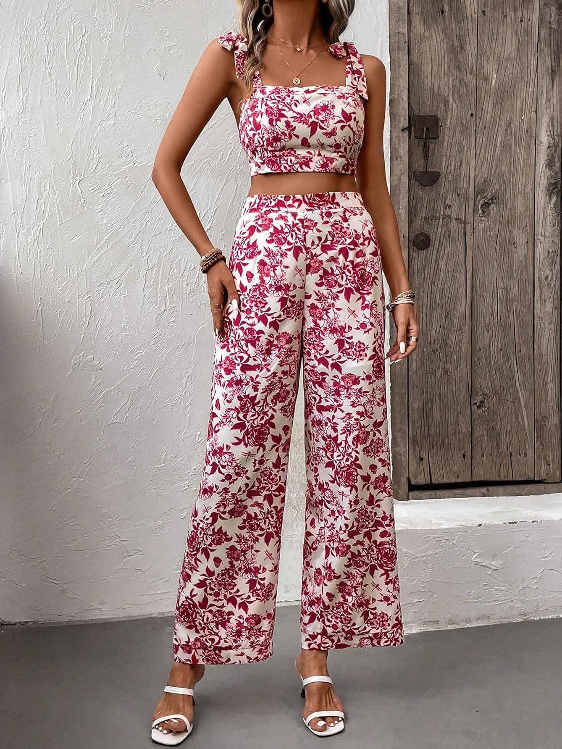 Women’s Rose Print Crop Cami & Wide Leg Pants Set – Elegant Printed Two-Piece Outfit Red CJ Dropshipping Sleeveless Floral Pants Outfit