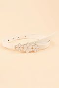 Flower Decor Skinny PU Belt White One Size Bazaare Mart Flower Decor Skinny PU Belt