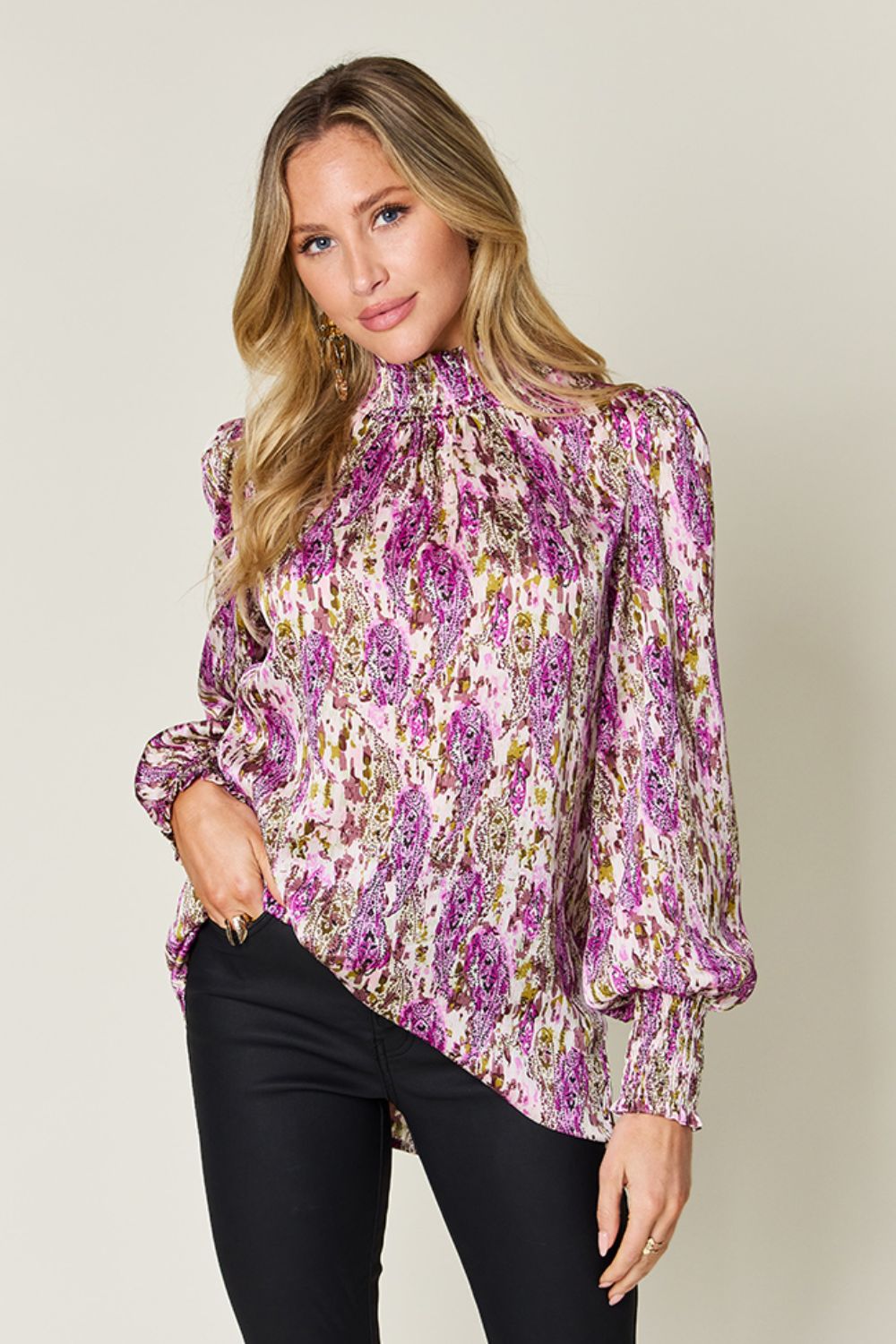 Abstract Smocked High Neck Long Sleeve Blouse