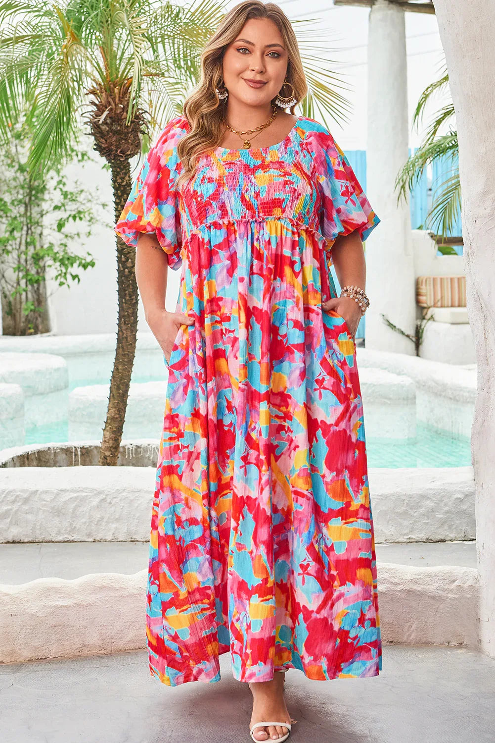 Rose Abstract Printed Puff Sleeve Square Neck Smocked Bust Tied Back Plus Size Dress Dear-Lover Dropshipping Plus Size/Plus Size Dresses/Plus Size Maxi Dresses