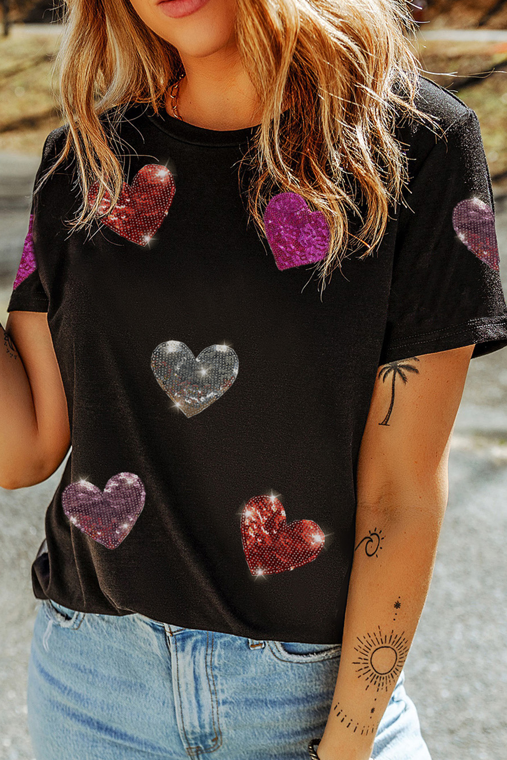 Black Sequin Heart Patch Tee