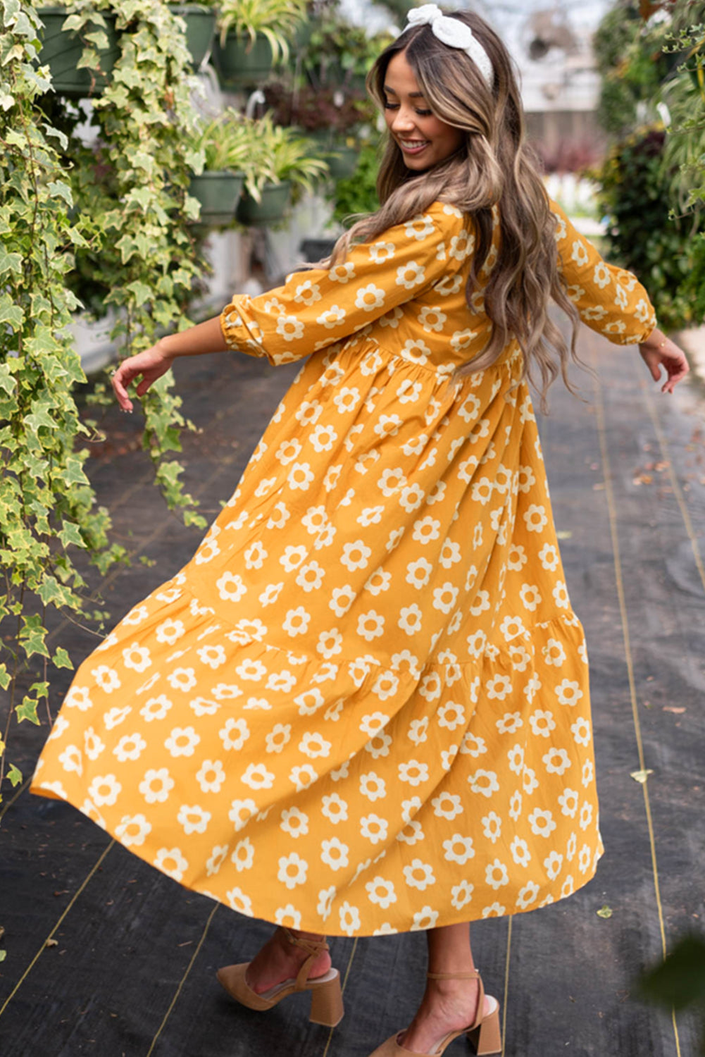 Yellow Flower 3/4 Sleeve Buttons Collared Maxi Dress