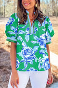 Bright Green Floral Print Pop Of Color V Neck Blouse Bright Green Bazaare Mart Blouses