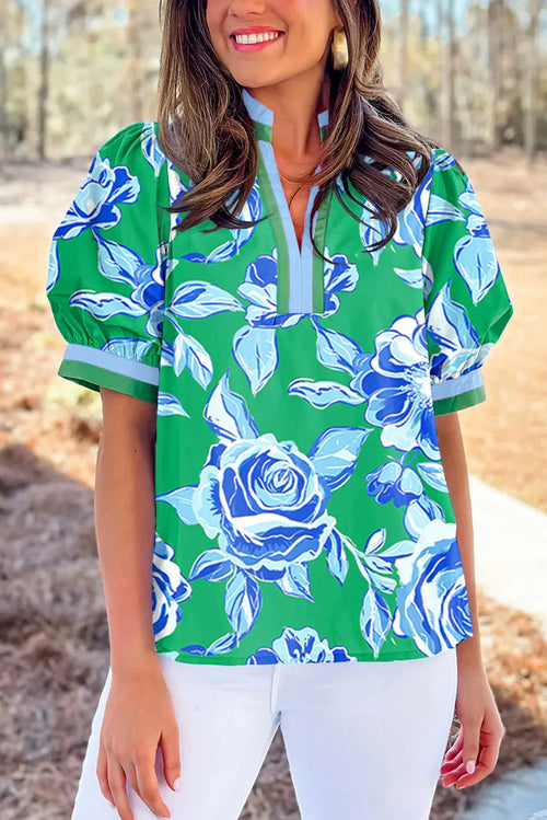Bright Green Floral Print Pop Of Color V Neck Blouse Bright Green Bazaare Mart Blouses