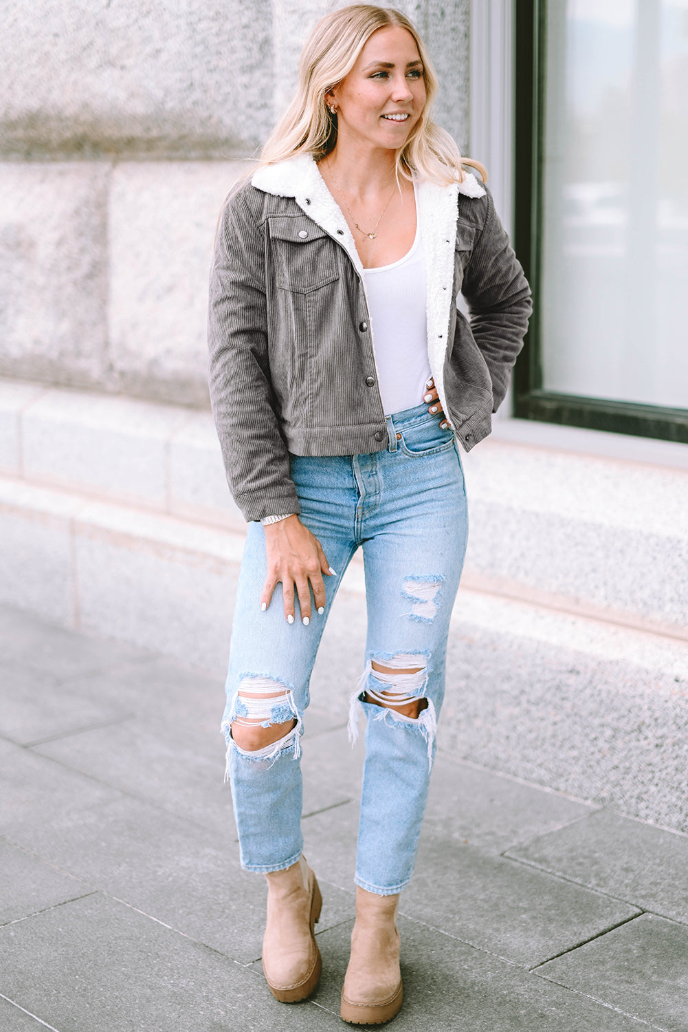 Corduroy Sherpa Snap Button Flap Jacket