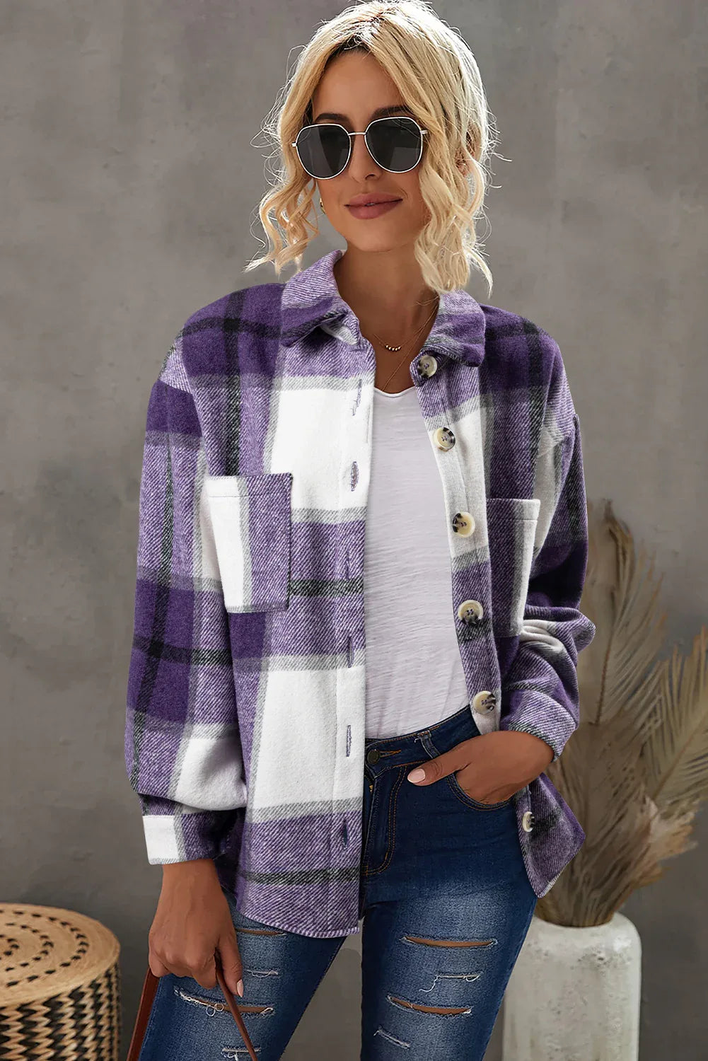 Plaid Button Up Long Sleeve Shacket Bazaare Mart Outerwear/Plaid Shackets