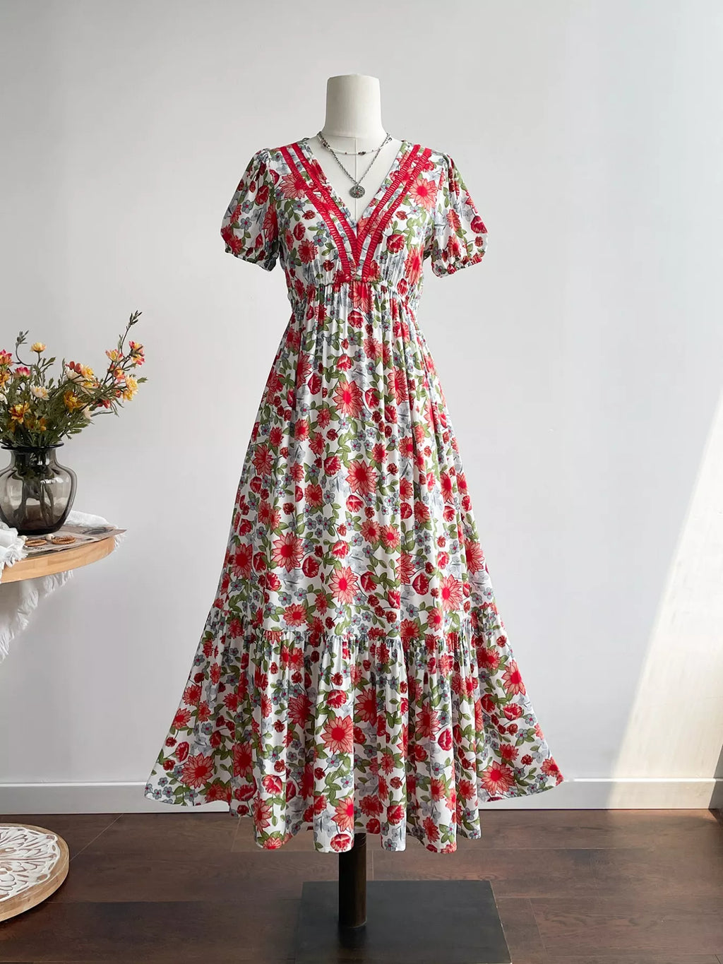 Floral Print V-Neck Ruffle Hem Maxi Dress Bazaare Mart Floral Print V-Neck Ruffle Hem Midi Dre