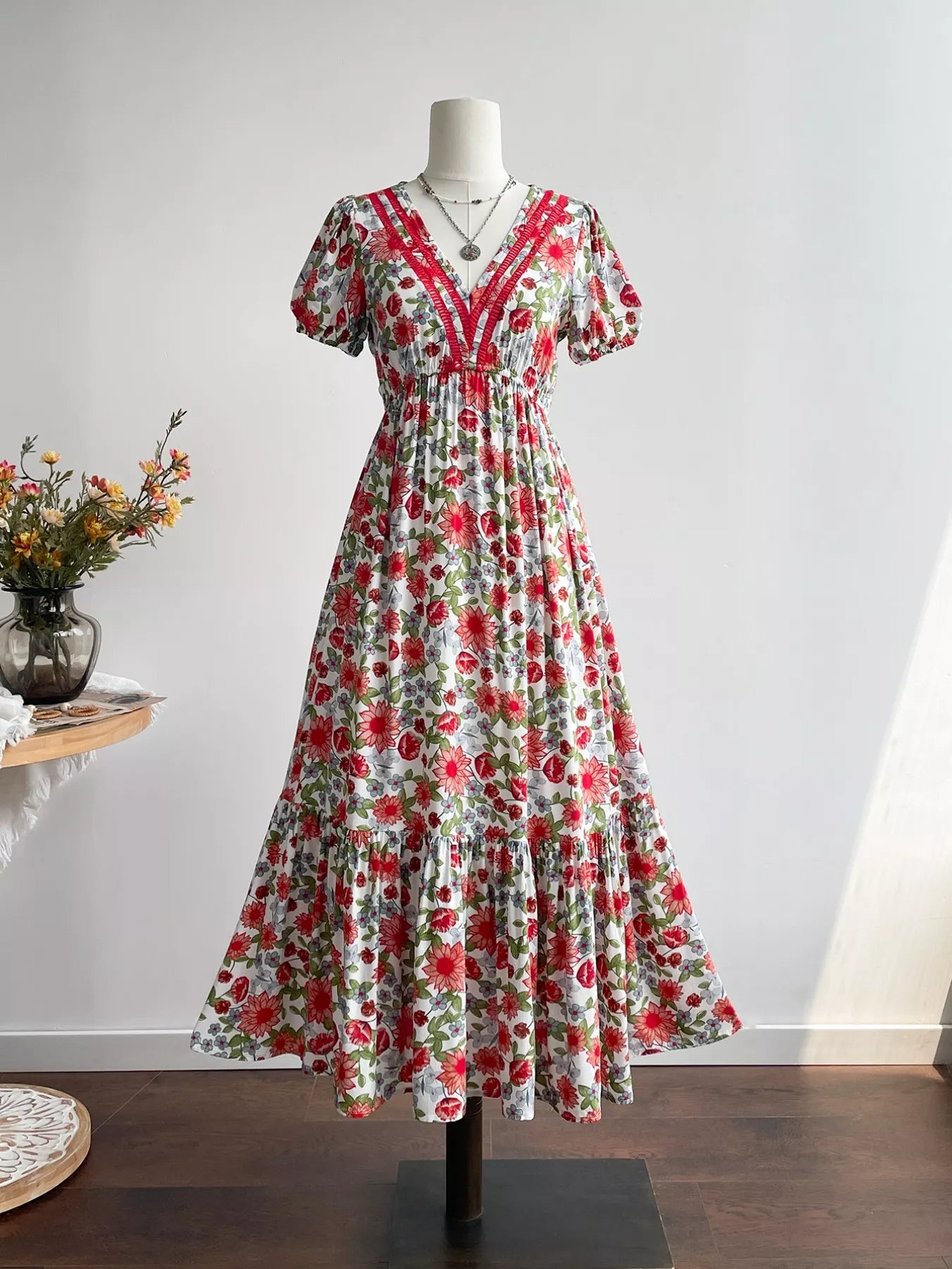 Floral Print V-Neck Ruffle Hem Maxi Dress Bazaare Mart Floral Print V-Neck Ruffle Hem Midi Dre