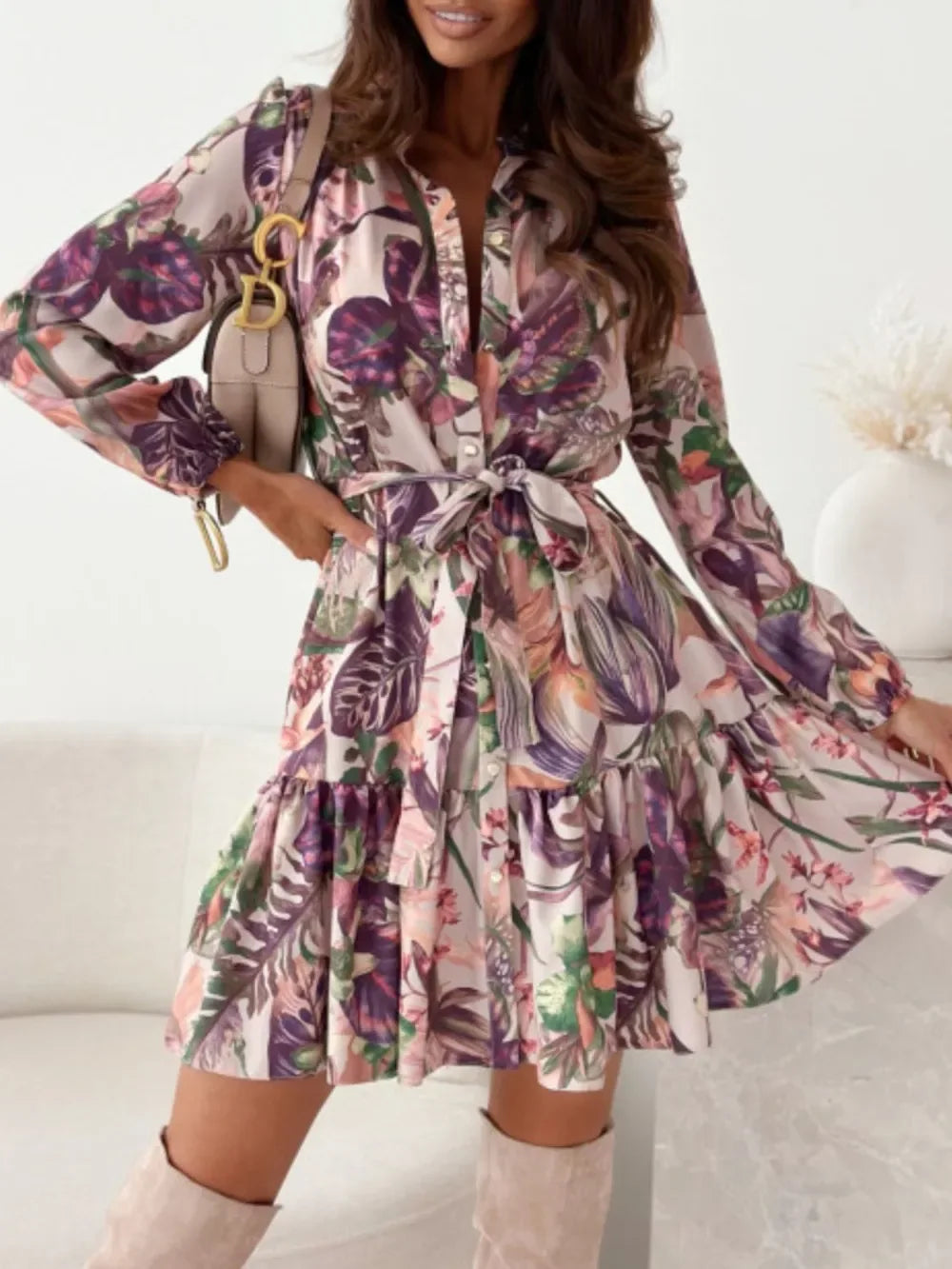 Ruffle Hem Floral Long Sleeve Mini Dress Bazarre Mart Ruffle Hem Floral Long Sleeve Dress