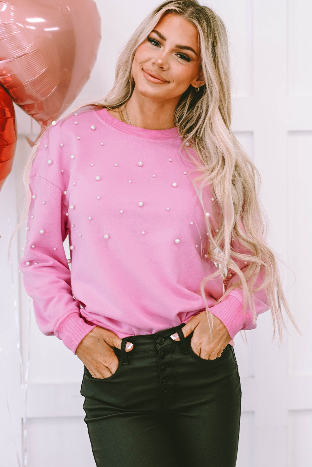 Pink Bonbon Pearl Detail Ribbed Crew Neck Sweatshirt