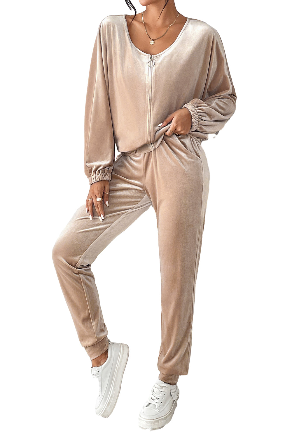 Beige Velvet Zipped Top and Joggers Two Piece Set