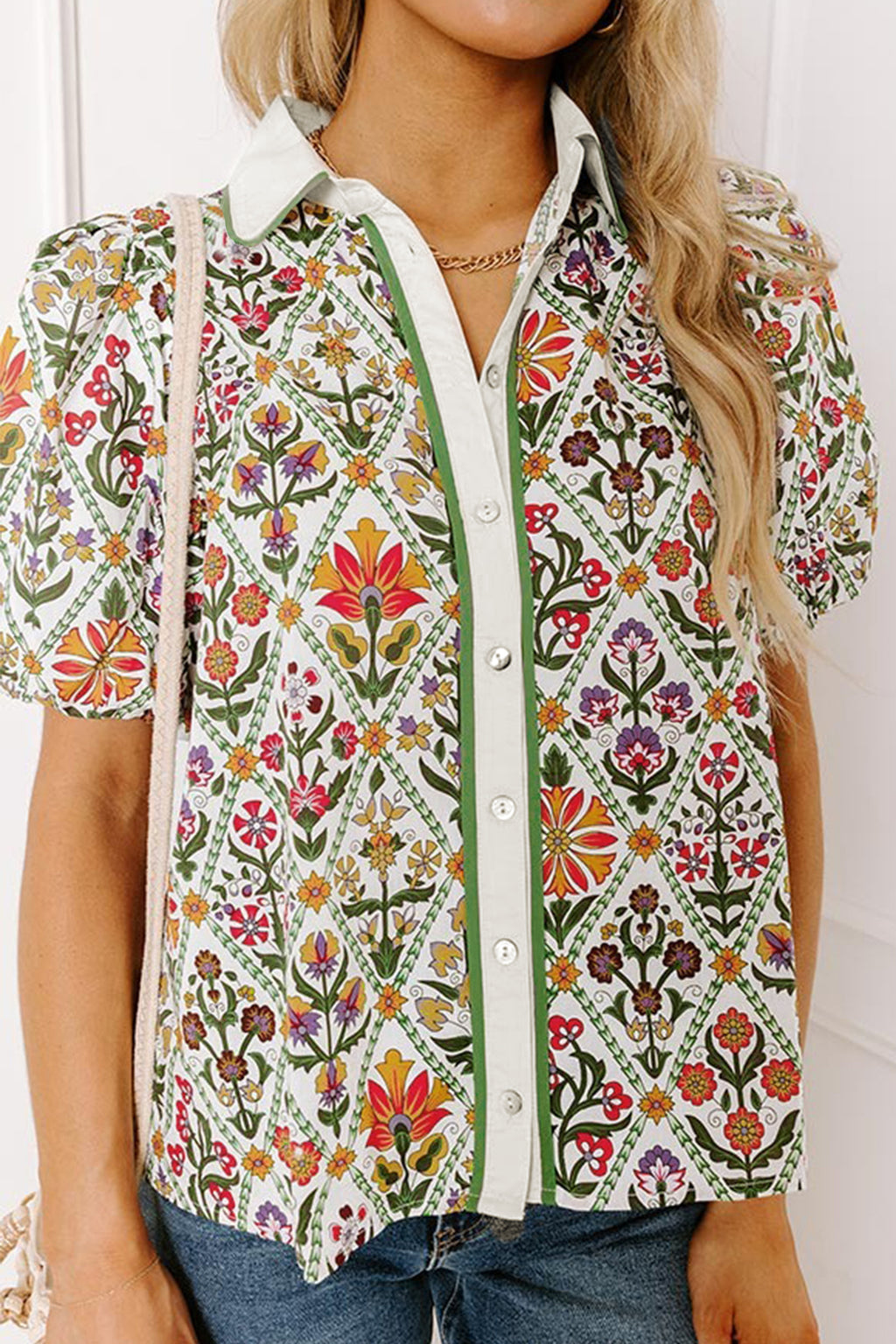 Green Short Puff Sleeve Floral Diamond Shirt