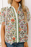 Green Short Puff Sleeve Floral Diamond Shirt