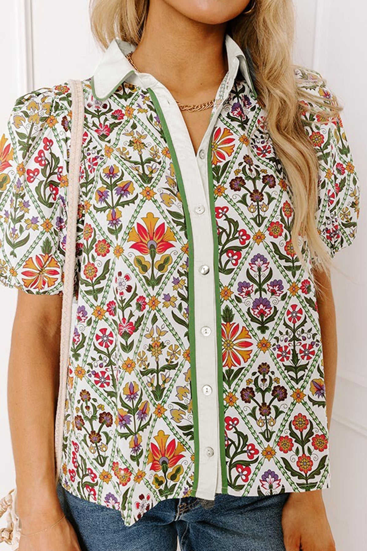 Green Short Puff Sleeve Floral Diamond Shirt