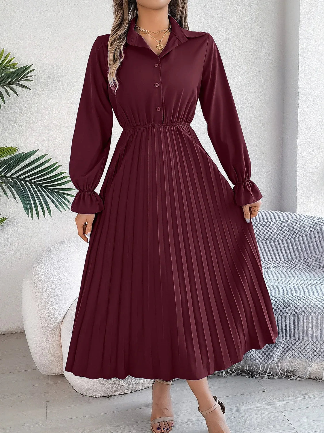 Pleated Half Button Long Sleeve Midi Dress Bazaare Mart Pleated Half Button Long Sleeve Midi Dress