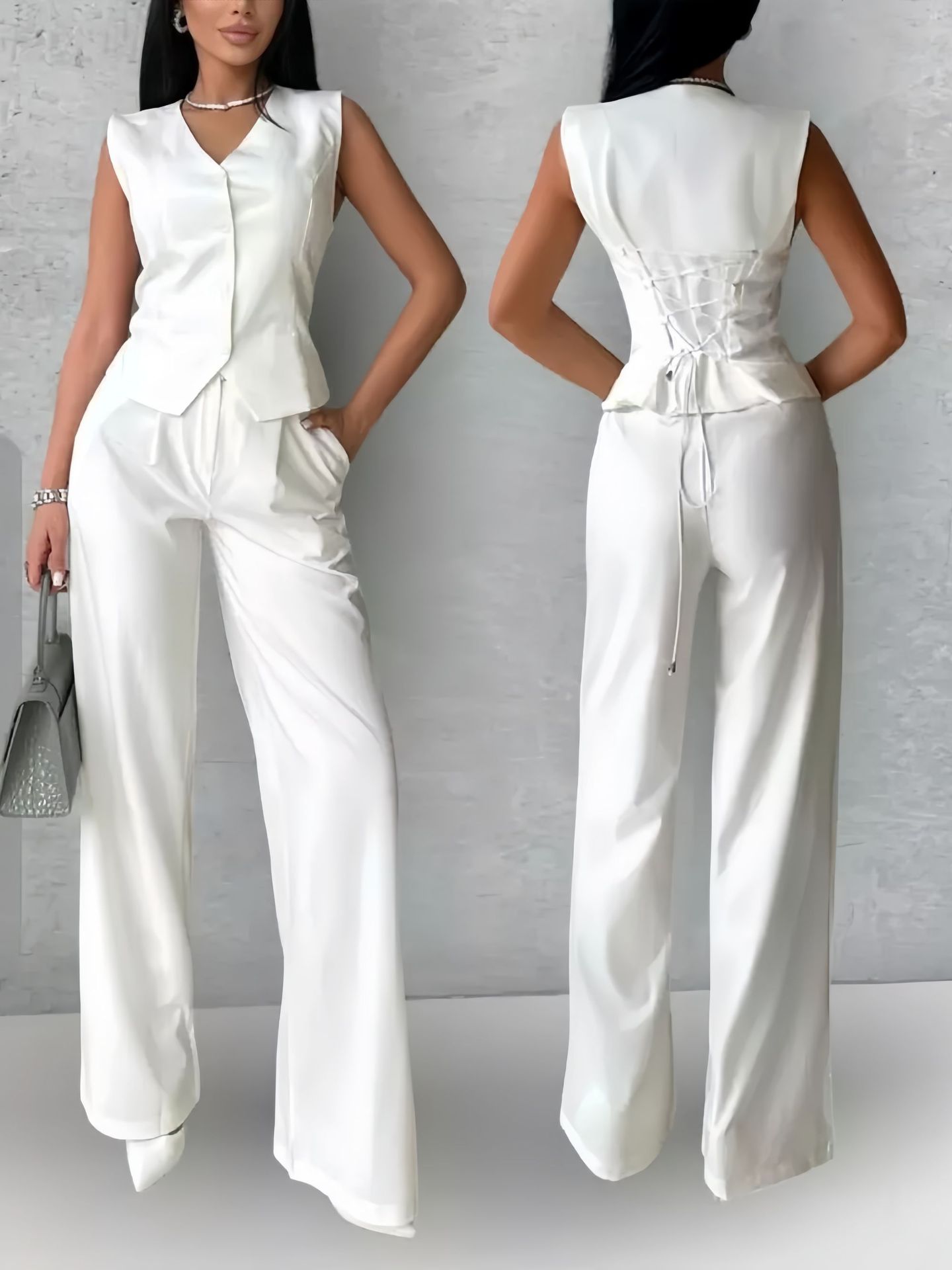 Women’s Vest & Wide Leg Pants Two-Piece Set – Elegant Commuter Matching Outfit White CJ Dropshipping Vest and Pants Set