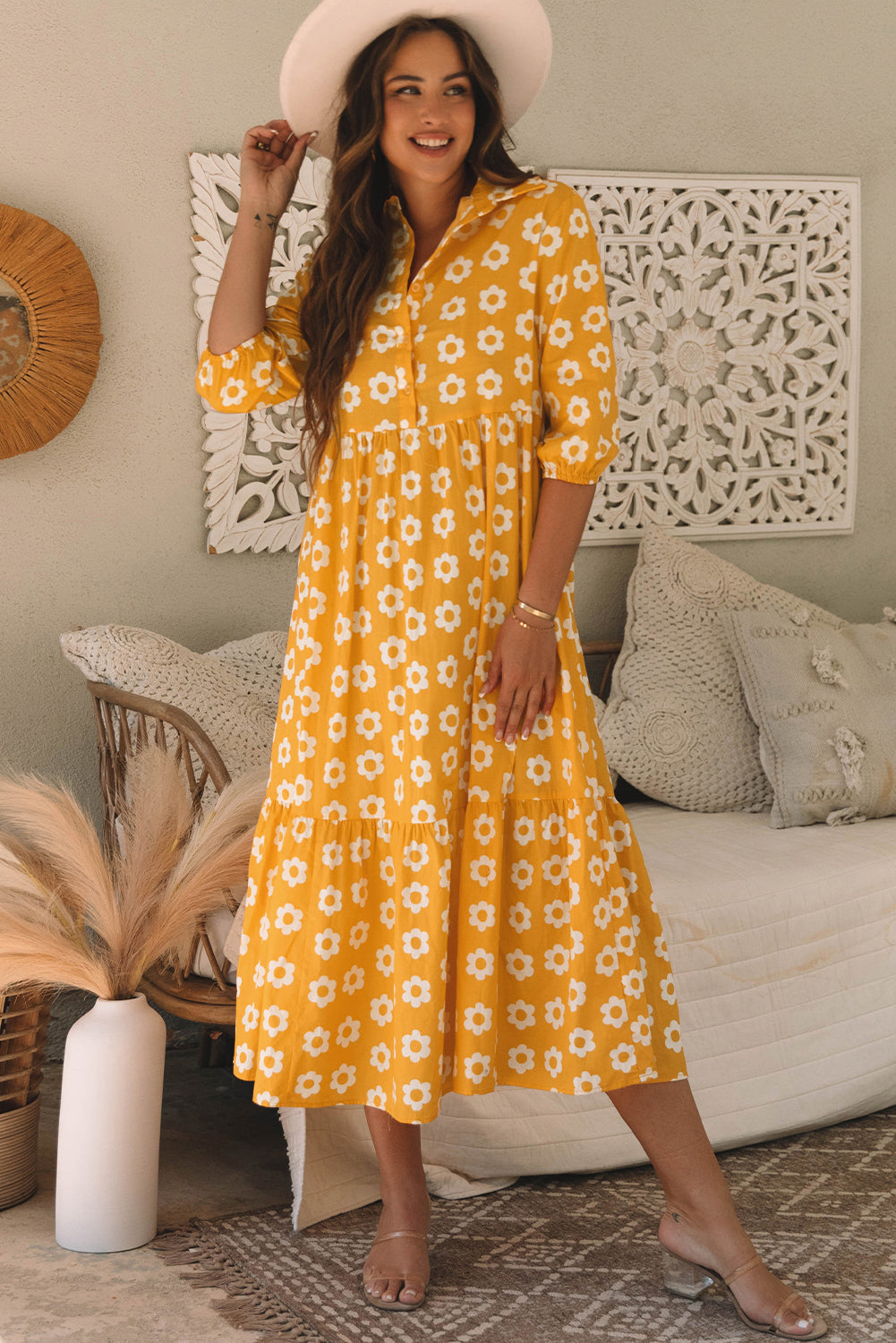 Yellow Flower 3/4 Sleeve Buttons Collared Maxi Dress