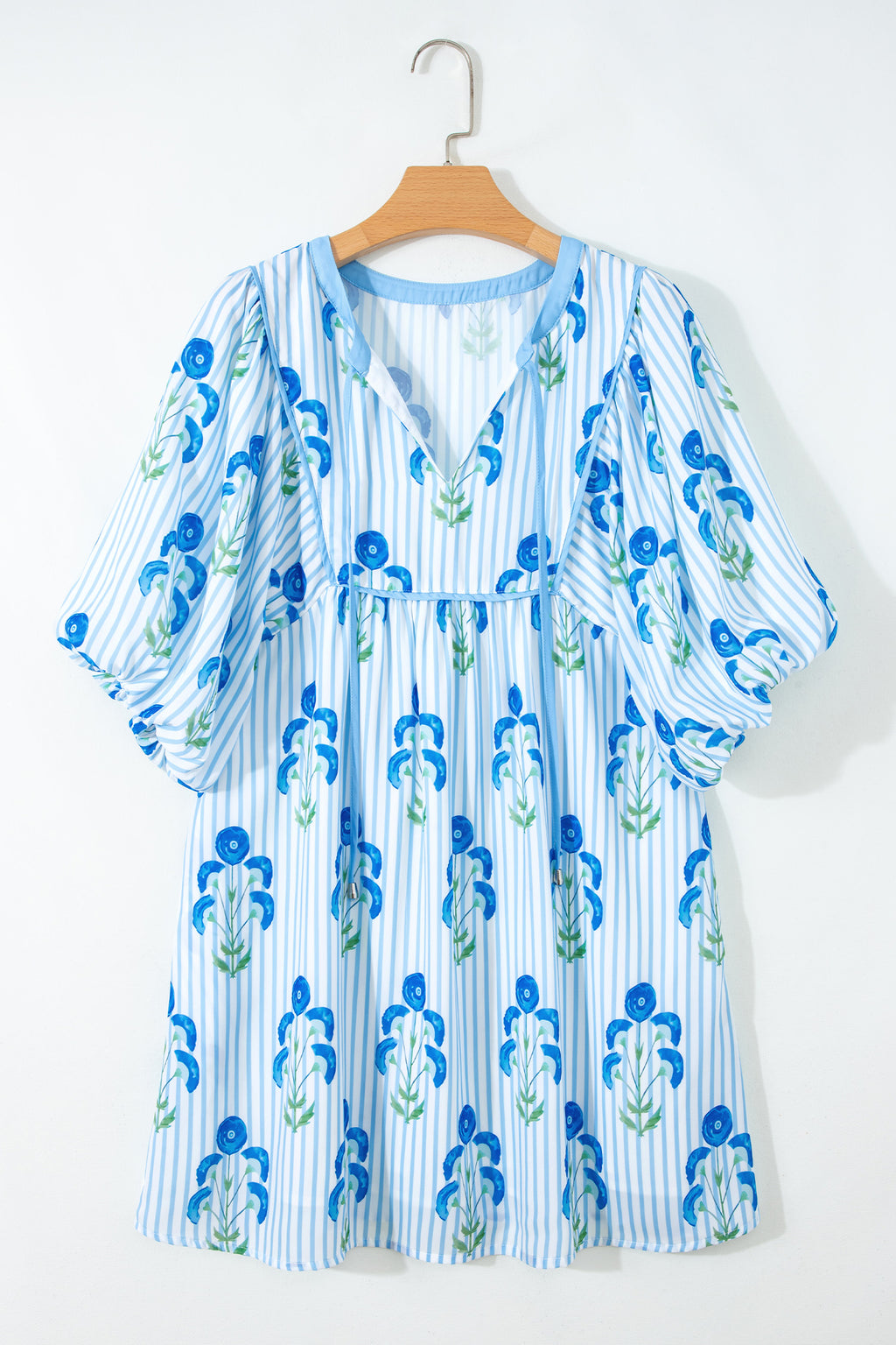 Sky Blue Floral Striped Print Tie Notched Neck Puff Sleeve Flared Mini Dress Dear-Lover Dropshipping Dresses/Floral Dresses