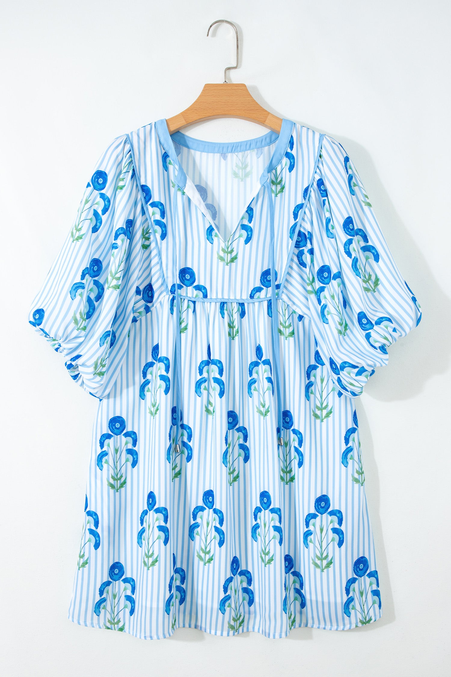 Sky Blue Floral Striped Print Tie Notched Neck Puff Sleeve Flared Mini Dress Dear-Lover Dropshipping Dresses/Floral Dresses