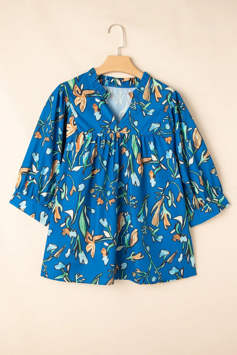 Blue Floral Notched V Neck Half Sleeve Blouse Bazaare Mart Plus Size/Plus Size Tops/Plus Size Blouses & Shirts