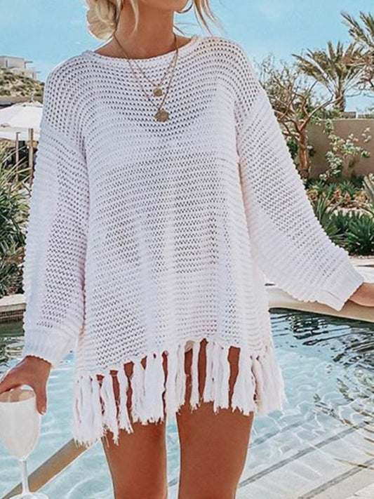 White Tassel Hem Long Sleeve Knit Cover Up