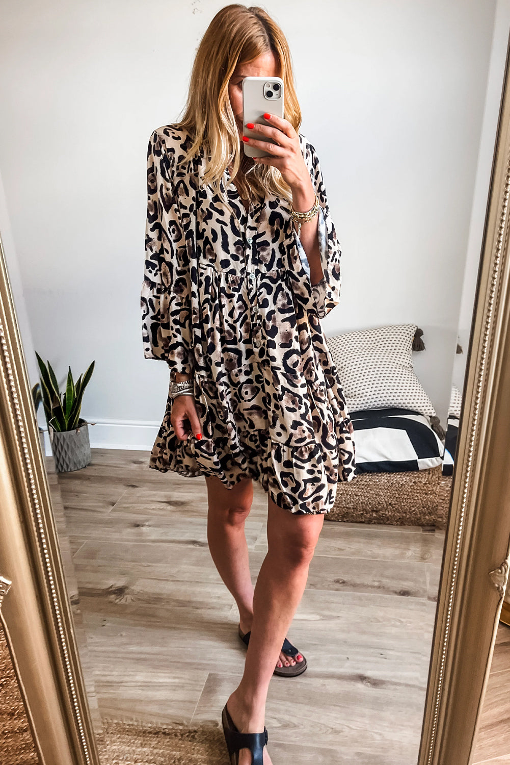 Khaki Leopard Button V Neck Pocket Flowy Mini Dress Shewin Short Dresses