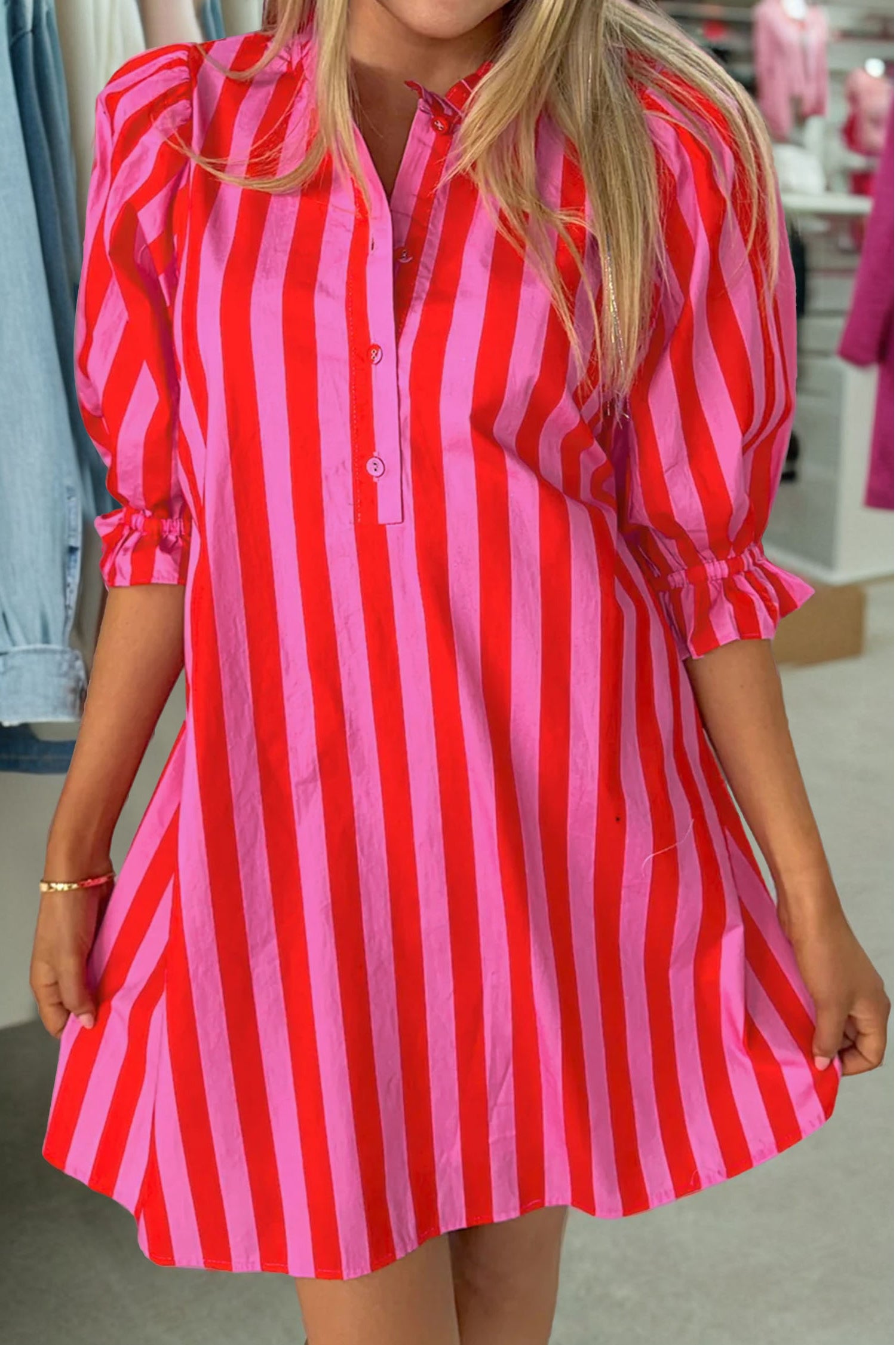 Striped Puff Sleeve Mini Dress – Half Button Loose Fit Summer Dress Red Stripe 55%Cotton+45%Viscose Dear-Lover Dropshipping Dresses/Mini Dresses