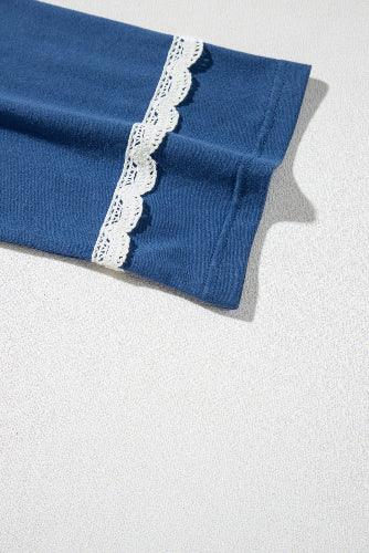 Blue Patchwork & Lace Raglan Long Sleeve Top Bazaare Mart Tops/Long Sleeve Tops