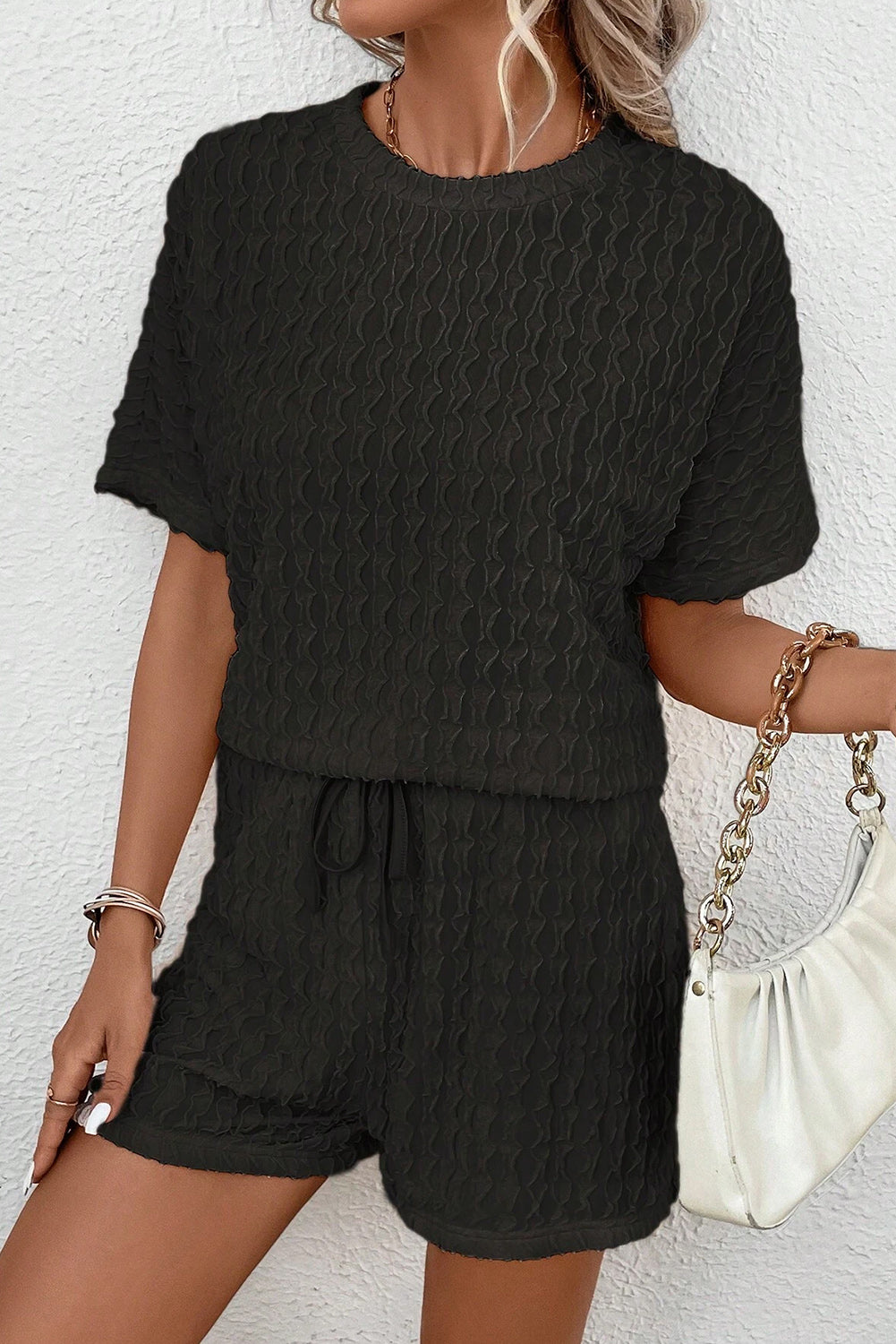 Black Textured Shorts Set