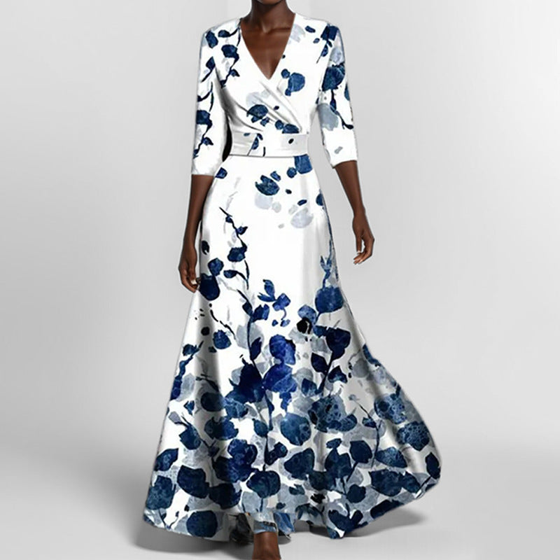 Classy Floral 3/4 Sleeve Peplum V-neck Maxi Dress CJ Dropshipping Elegant Floral Maxi Dress
