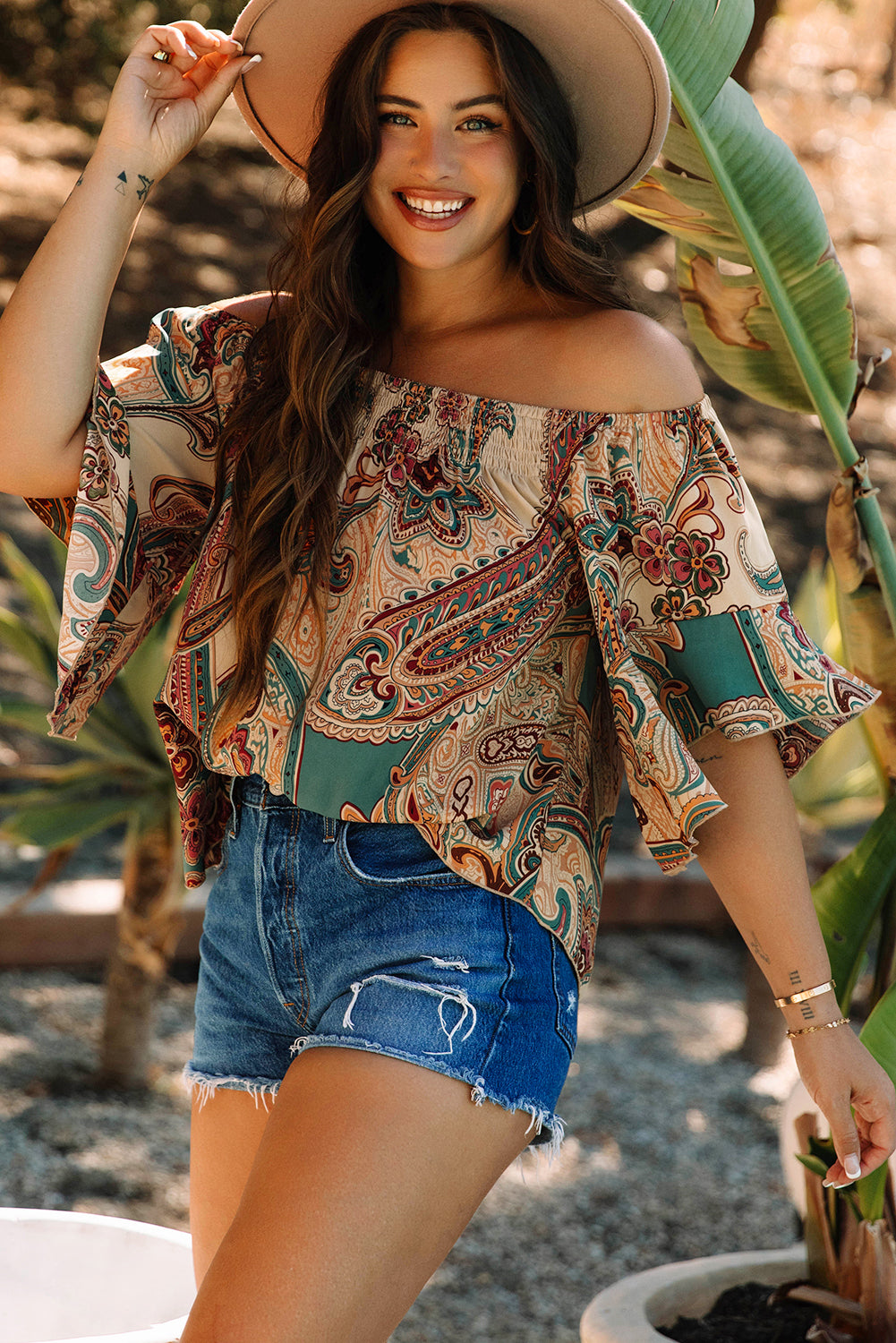 Apricot Paisley Off Shoulder Ruffled Blouse