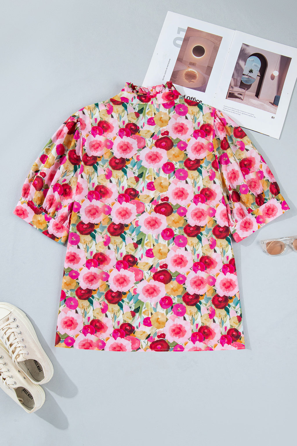 Plus Size Floral Split V-Neck Top – Puff Sleeve Button Detail Blouse Dear-Lover Dropshipping Plus Size/Plus Size Tops/Plus Size Blouses & Shirts