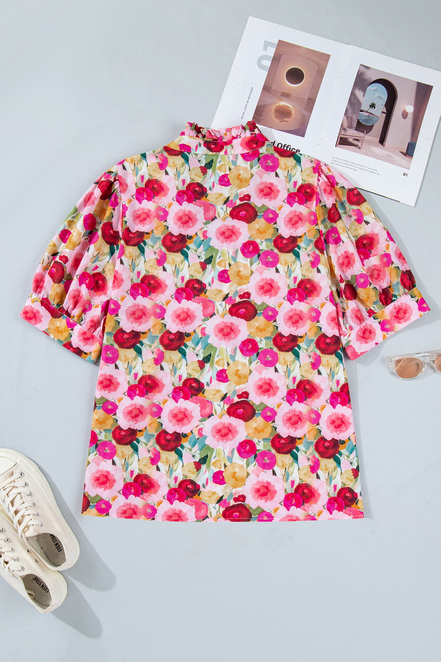 Plus Size Floral Split V-Neck Top – Puff Sleeve Button Detail Blouse Dear-Lover Dropshipping Plus Size/Plus Size Tops/Plus Size Blouses & Shirts