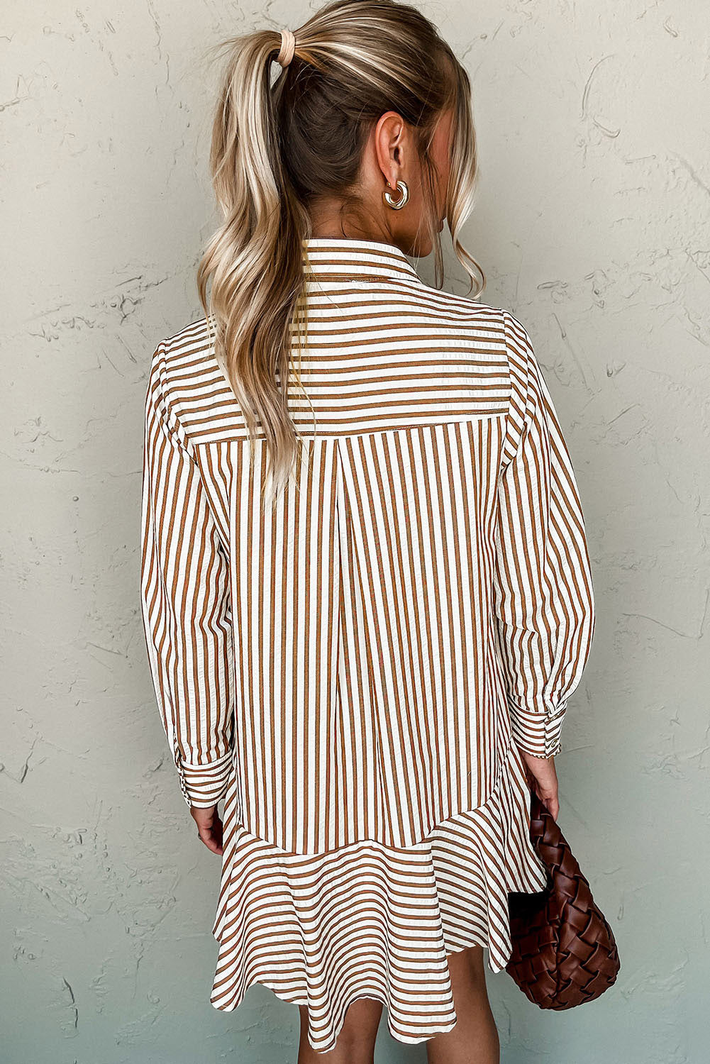 Brown Stripe Ruffle Hem Collared Long Sleeve Shirt Dress