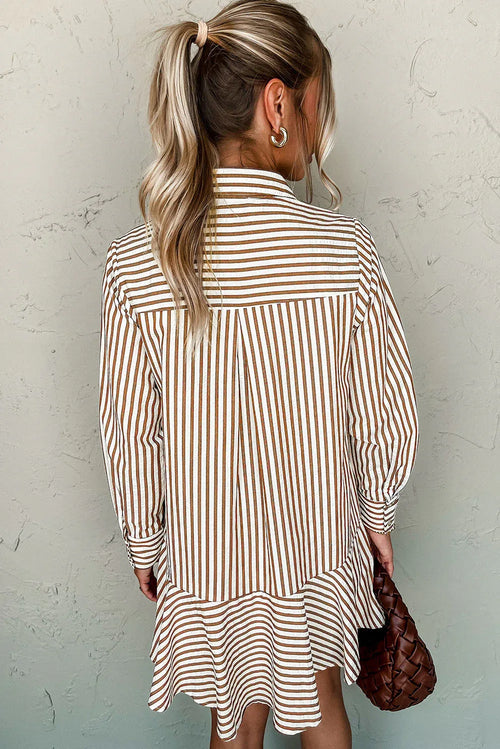 Brown Stripe Ruffle Hem Collared Long Sleeve Shirt Dress Shewin Short Dresses