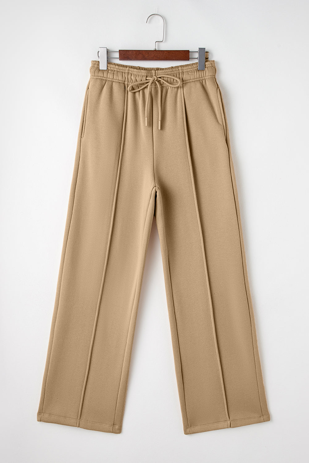 Khaki Exposed Seam Drawstring High Waist Wide Leg Pants