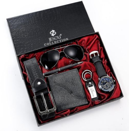 Men's Set 6 in 1 Luxury Gift Black Set with Aviators, Watch, Wallet, Key Ring, Belt and Pen