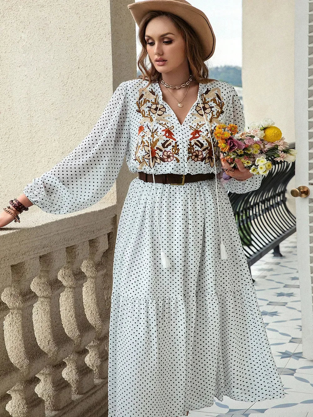 White Polka Dot Floral Print Long Sleeve Tiered Midi Dress Bazarre Mart Long Sleeve Midi Dress
