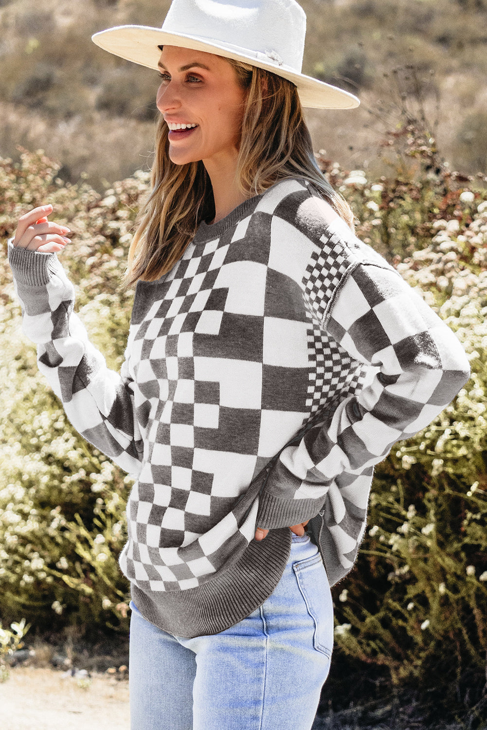 Gray Checkered Drop Shoulder Round Neck Sweater