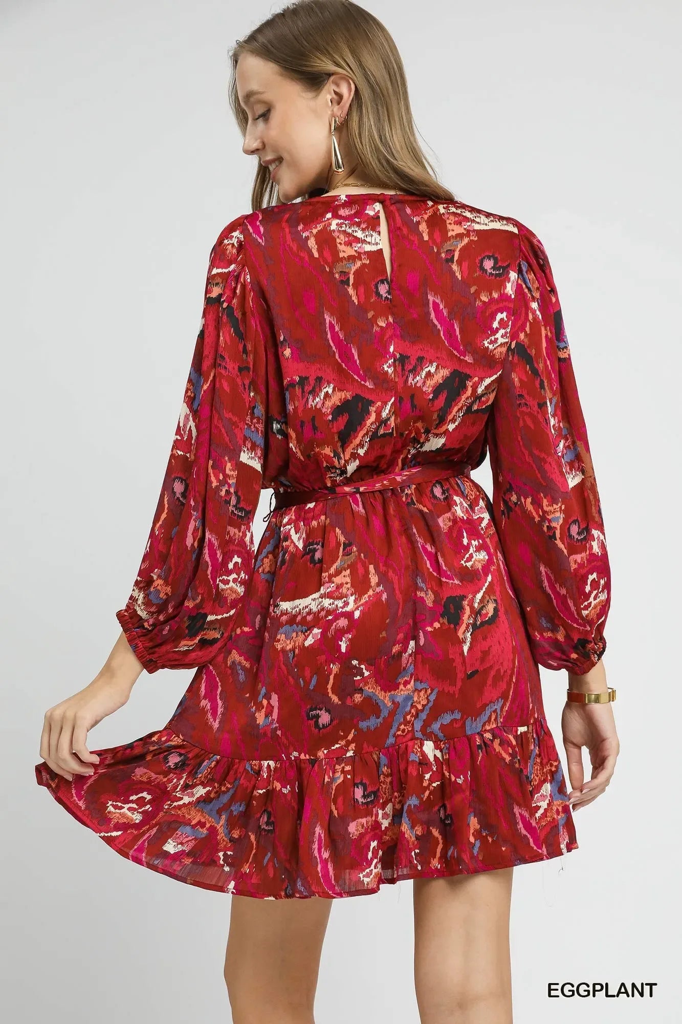 Umgee Red Ruffled Hem Printed Balloon Sleeve Dress Bazaare Mart Red Ruffled Mini Dress