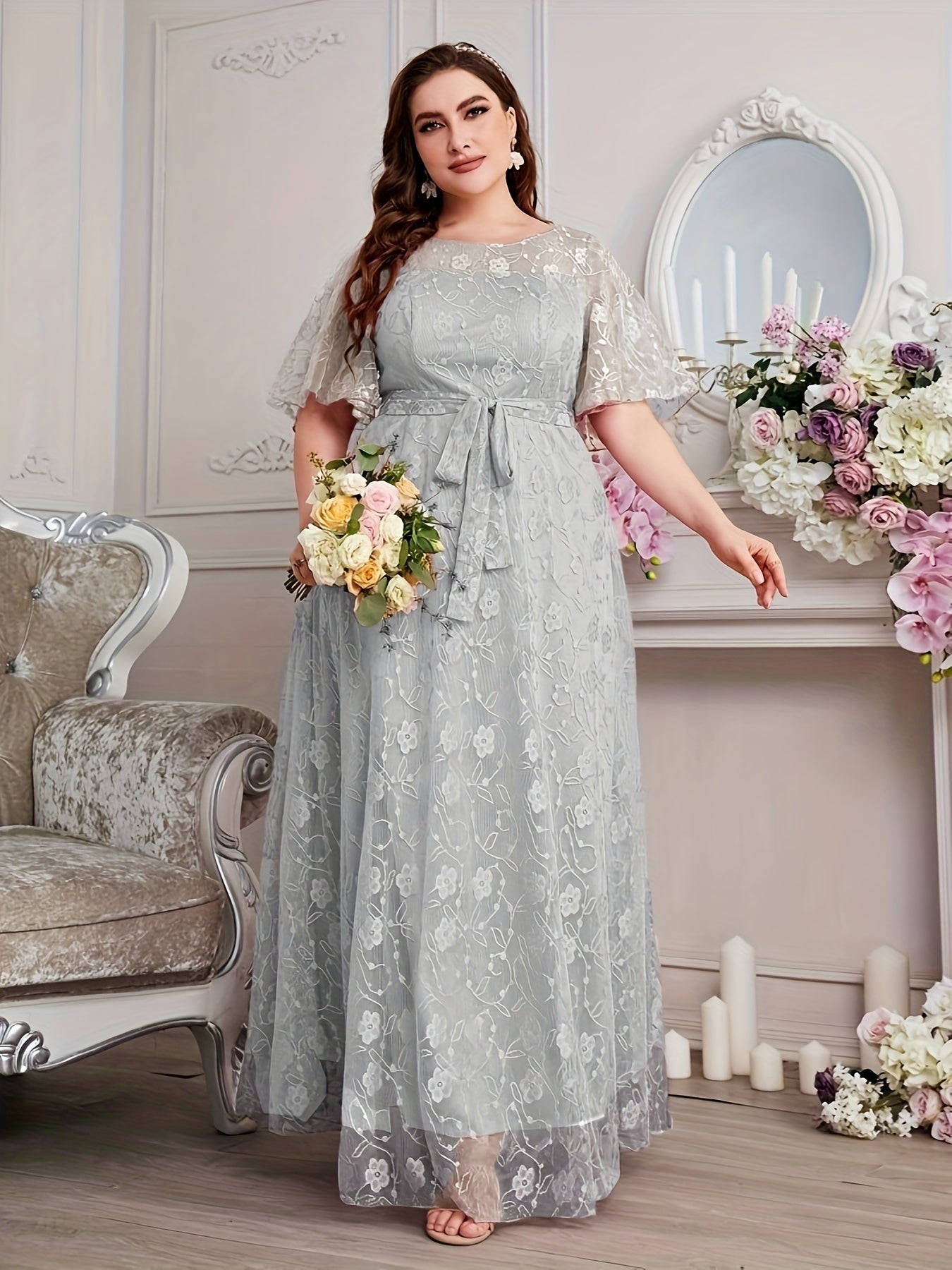 Elegant High Waist Lace Round Neck Half Flutter Sleeve Solid Color Formal Floor Length Dress